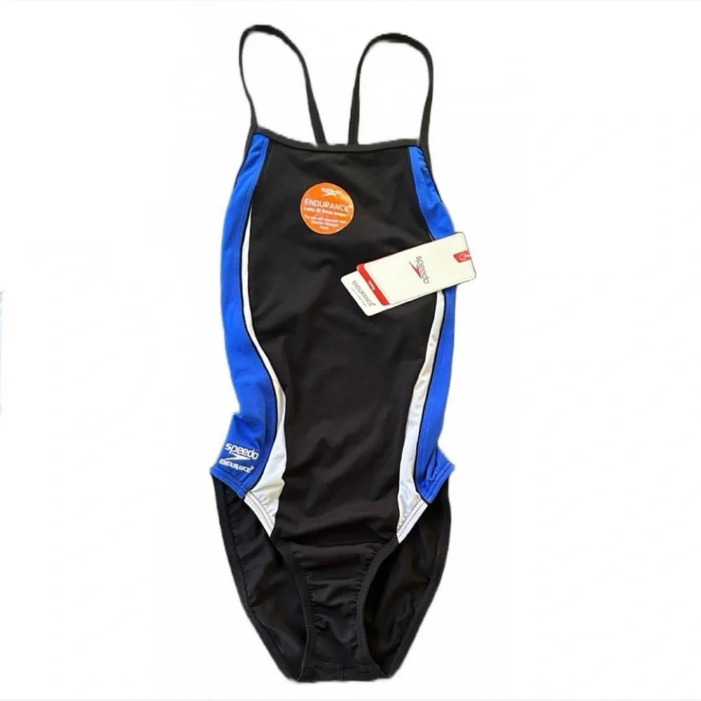 Speedo‎ GIRLS 8/34 Swimsuit RACING Youth Black Blue Endurance Retail $74 NWT